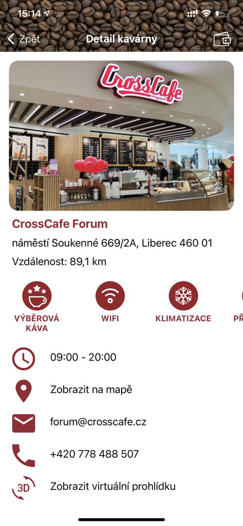 CrossCard - CrossCard Mobile App mit Details zum Café-Standort und den Annehmlichkeiten