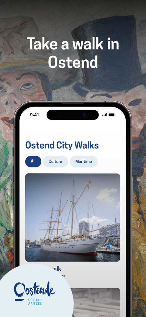 Ostend City Walks - Interface of the Ostend City Walks mobile app showing maritime and culture walking tour categories with a picture of a historic sailboat