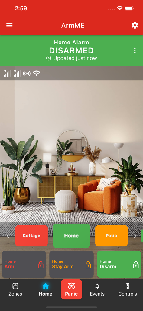 ArmME Security App - Écran d'accueil de l'application de sécurité ArmME affichant l'état d'alarme désarmée et la gestion des partitions