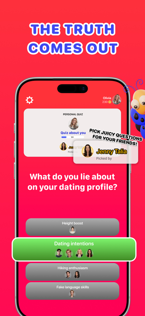 Goofer - Uma captura de tela do aplicativo de jogo de festa Goofer apresentando uma pergunta de quiz pessoal sobre segredos de perfis de namoro com amigos votando nas respostas.