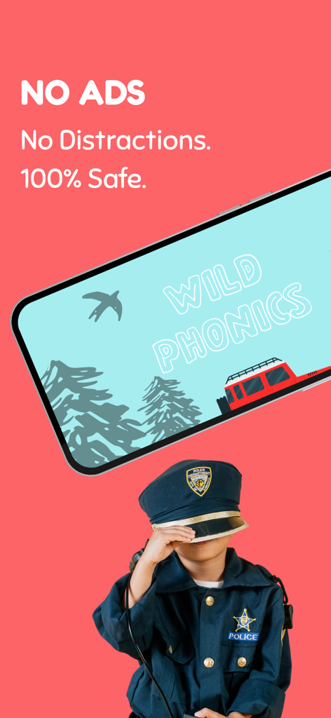 Learn to Read: Wild Phonics - Pantalla promocional de la aplicación Wild Phonics destacando un entorno de aprendizaje seguro sin anuncios ni distracciones