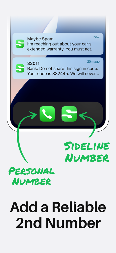 Sideline - Private 2nd Line - Mobile screen showing a personal number and a Sideline second number side by side on one device