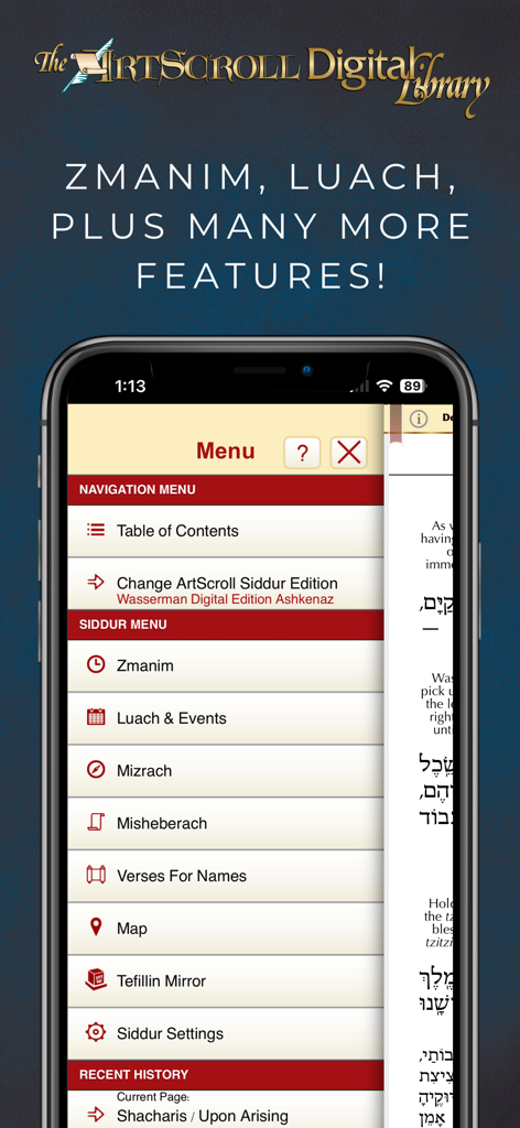 ArtScroll Smart Siddur סדור - Menú de navegación de la aplicación ArtScroll Smart Siddur con funciones Zmanim y Luach.