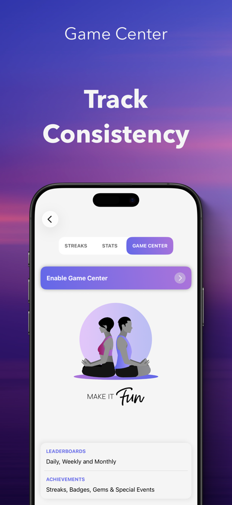 Box Breathing - Breathe Even - Mobile App-Bildschirm zeigt die Game Center-Integration zur Verfolgung der Atemkonstanz mit Bestenlisten und Erfolgen.