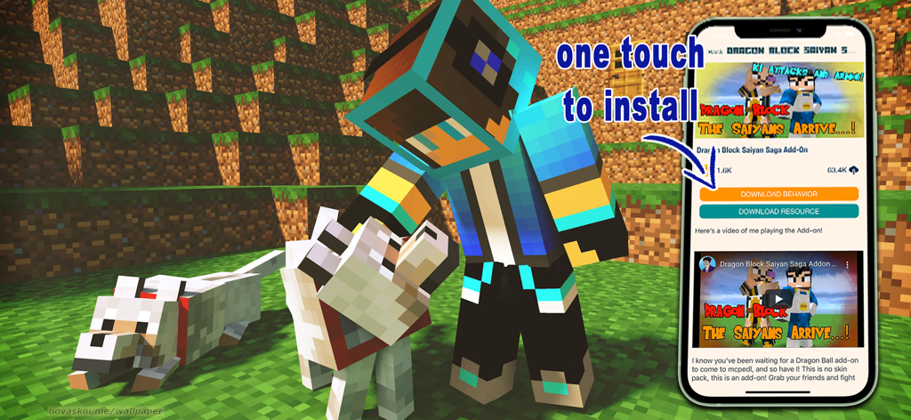 MCPE Addons for Minecraft PE ^ - Minecraft character and a mobile phone showing one touch installation for game addons