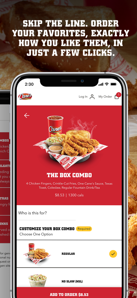 Raising Canes mobile app interface showing a Box Combo order screen with customization options