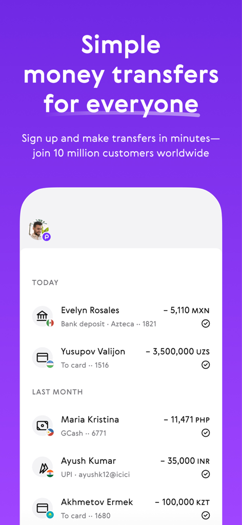 Paysend: Simple Money Transfer - Pantalla de smartphone que muestra la aplicación Paysend con transacciones recientes de transferencia de dinero internacional