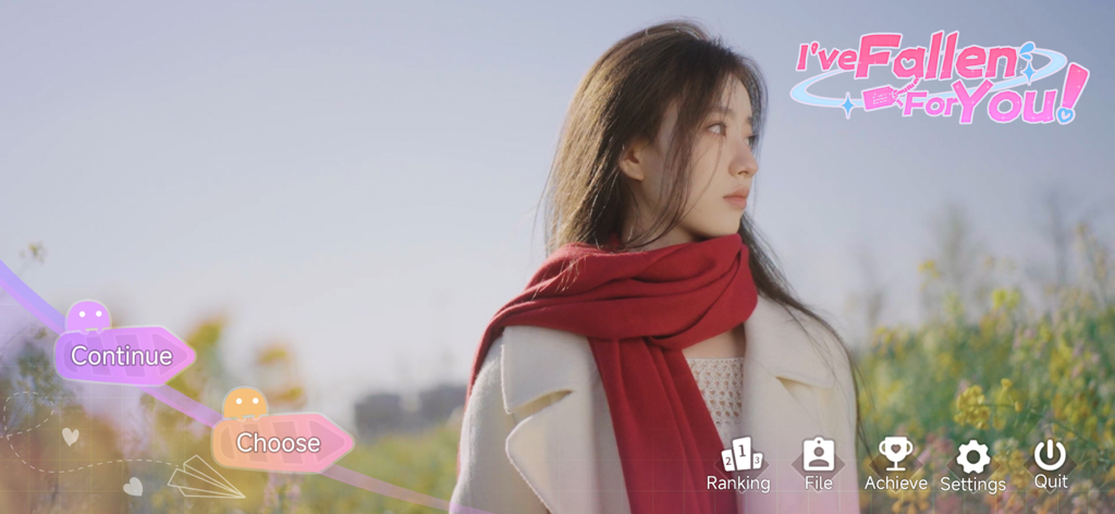 Main menu screen of Fallen For You interactive romance game featuring a young woman in a red scarf
