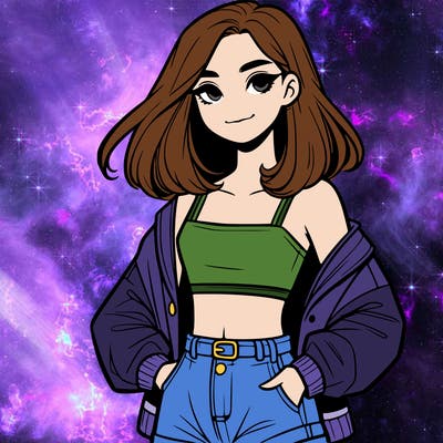 a realistic girl with a crop top and short shorts in an open jacket