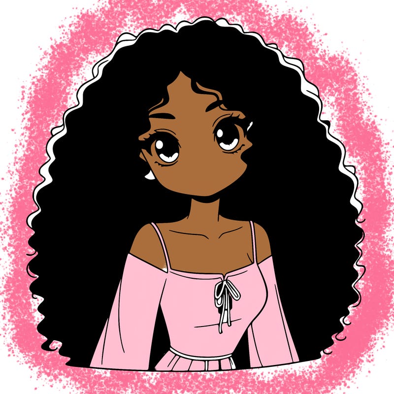 a black anime girl with long afro hair