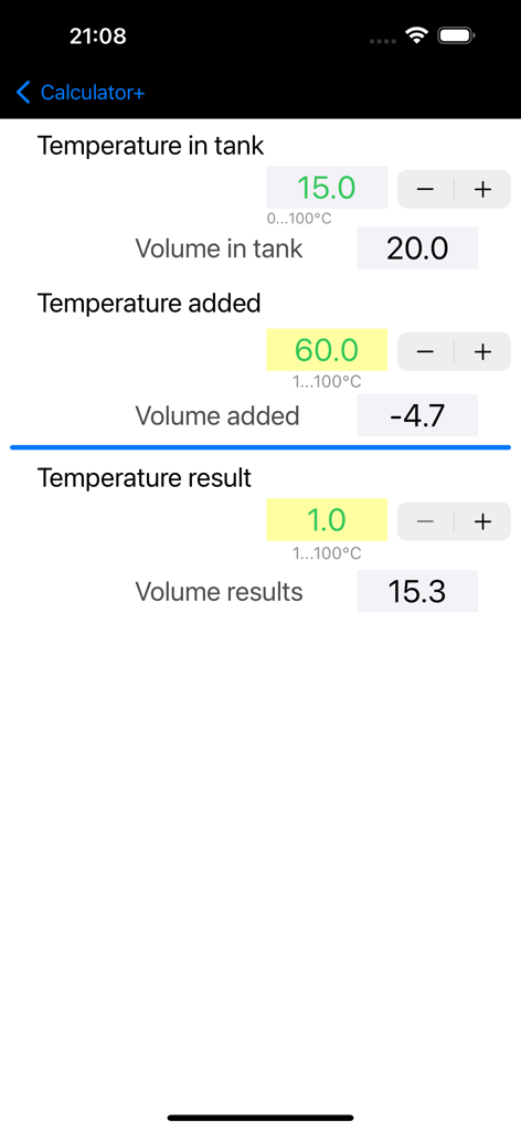 Bildschirm der Alkoholrechner-App mit Ergebnissen für Wassertemperatur und -volumen beim Mischen für die Heimdestillation