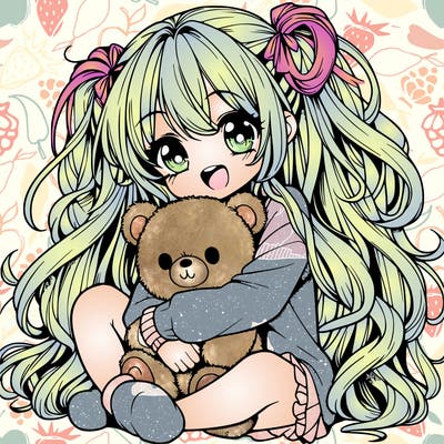 manga girl, long curly hair, happy, cuddling a teddy bear