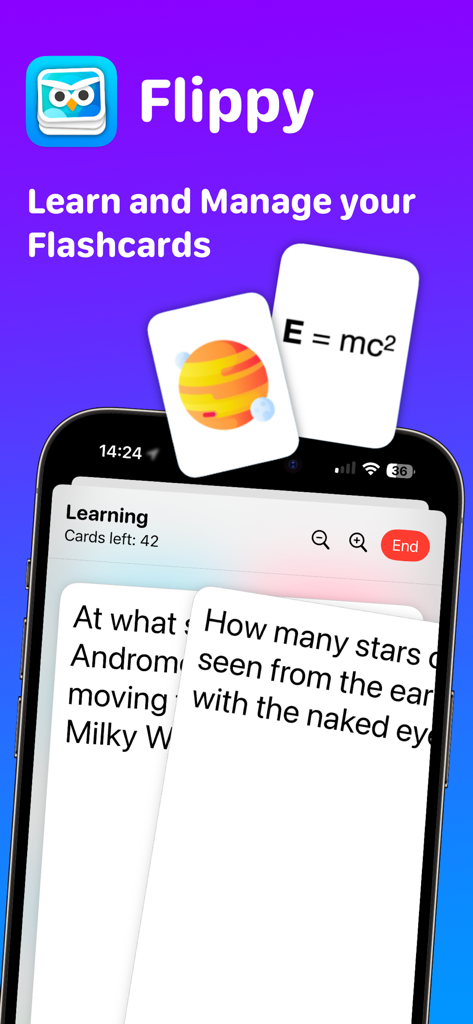 Flippy flashcards app interface showing science study cards