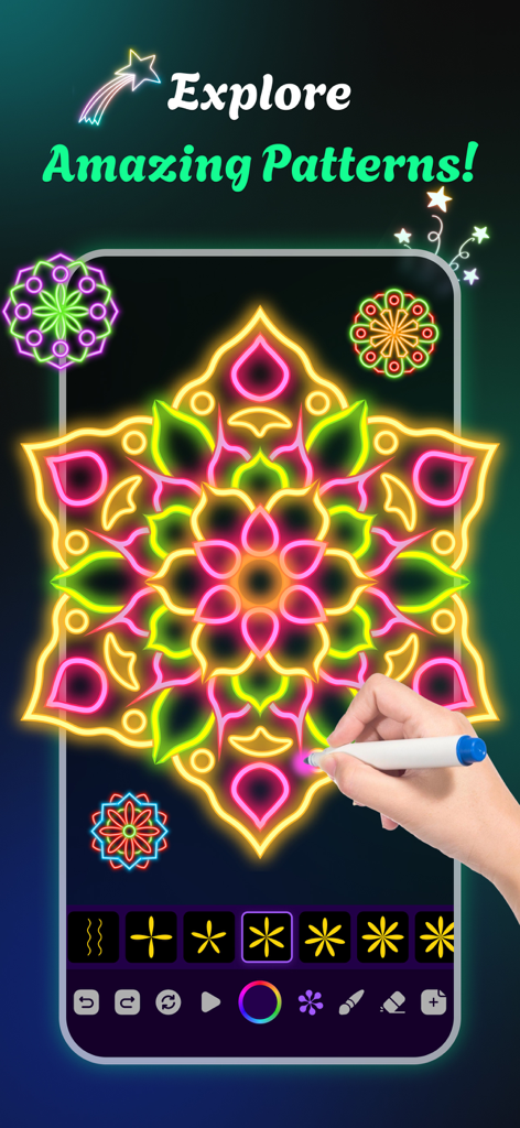 Neon Lines: Magical Drawing - Una mano usando un lápiz óptico para dibujar un mandala de neón brillante en la pantalla de un teléfono