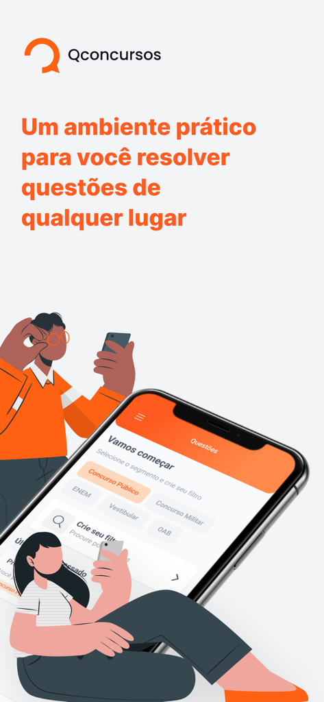 Qconcursos - A mobile app interface of Qconcursos showing study categories for Brazilian civil service exams