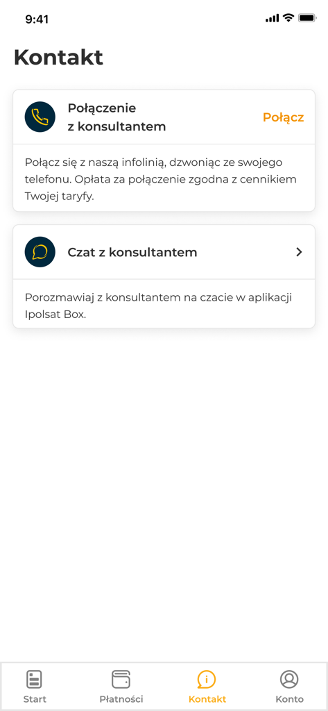 Schermata di contatto dell'app mobile iPolsat Box che mostra le opzioni per chiamata telefonica e chat con un consulente.