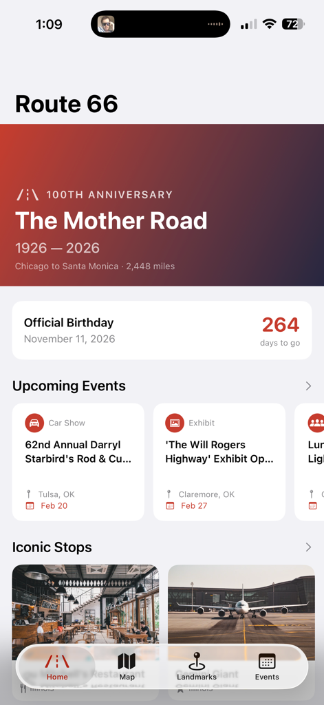 Route 66 100th Celebration - 100주년 카운트다운과 예정된 이벤트 목록을 보여주는 Route 66 100주년 기념 앱 홈 화면