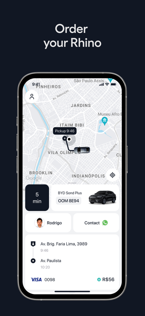 Rhino-App-Oberfläche, die die Buchung einer gepanzerten Fahrt in São Paulo anzeigt