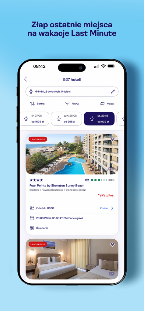 TUI (PL/CZ) - TUI app screen displaying last minute holiday deals and hotel search results