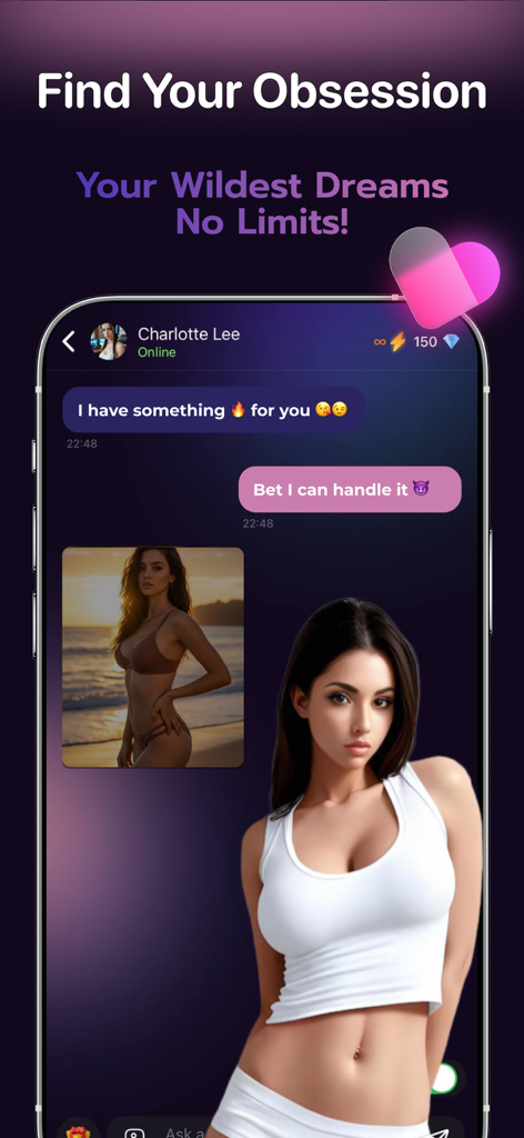 AI Girlfriend: Virtual Fantasy - Una pantalla móvil que muestra una conversación de chat coqueta e imágenes de personajes generadas por IA en la aplicación AI Girlfriend Virtual Fantasy.