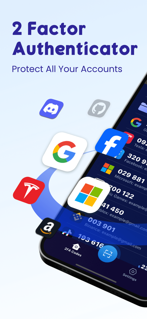 Schermata dell'app Authenticator che mostra codici di sicurezza per vari account online