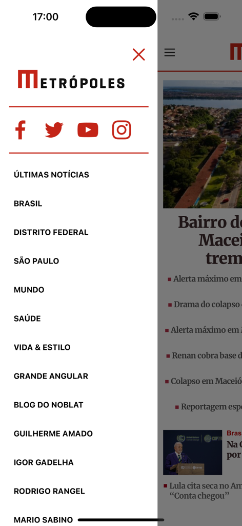 Side menu of the Metropoles app showing news categories and social media icons.