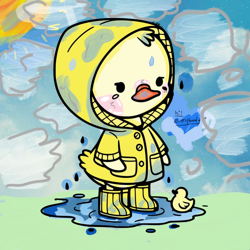 baby duck in a rain coat and boots, in a puddle while it’s raining