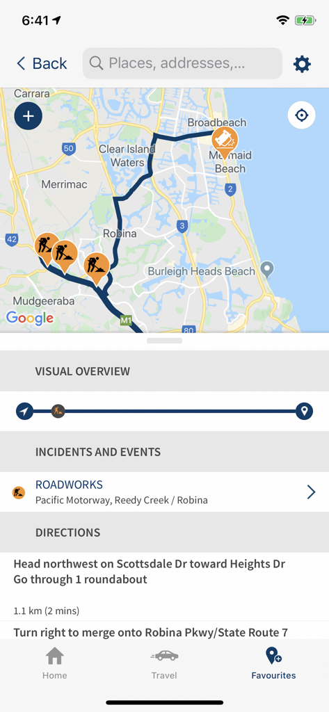 Application QLDTraffic affichant un itinéraire de voyage avec des alertes de circulation et des travaux routiers sur une carte