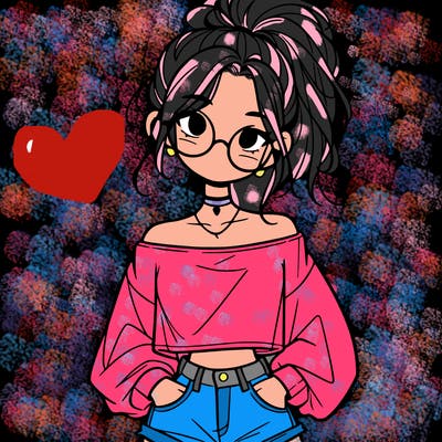 girl with a messy ponytail glasses a baggy crop top and jean shorts