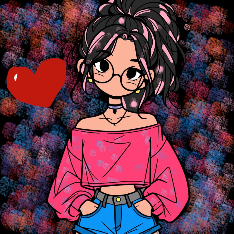 girl with a messy ponytail glasses a baggy crop top and jean shorts