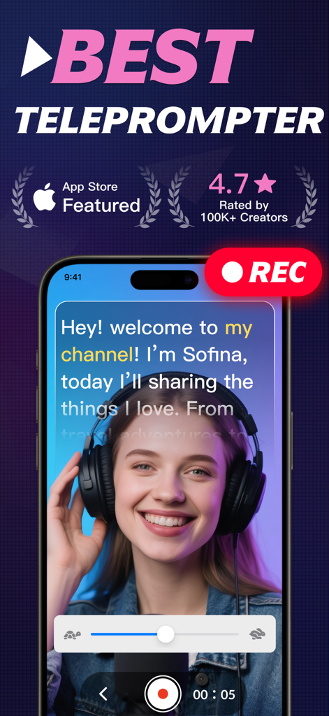 Teleprompter - Floating Script - Une femme enregistrant une vidéo pour les réseaux sociaux à l'aide de l'application Téléscripteur avec une surcouche de script sur l'écran de son iPhone