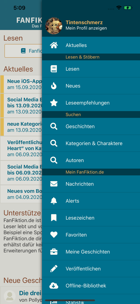 Seitennavigationsmenü der FanFiktion.de-App mit Optionen zum Lesen, Suchen und Verwalten des Benutzerprofils