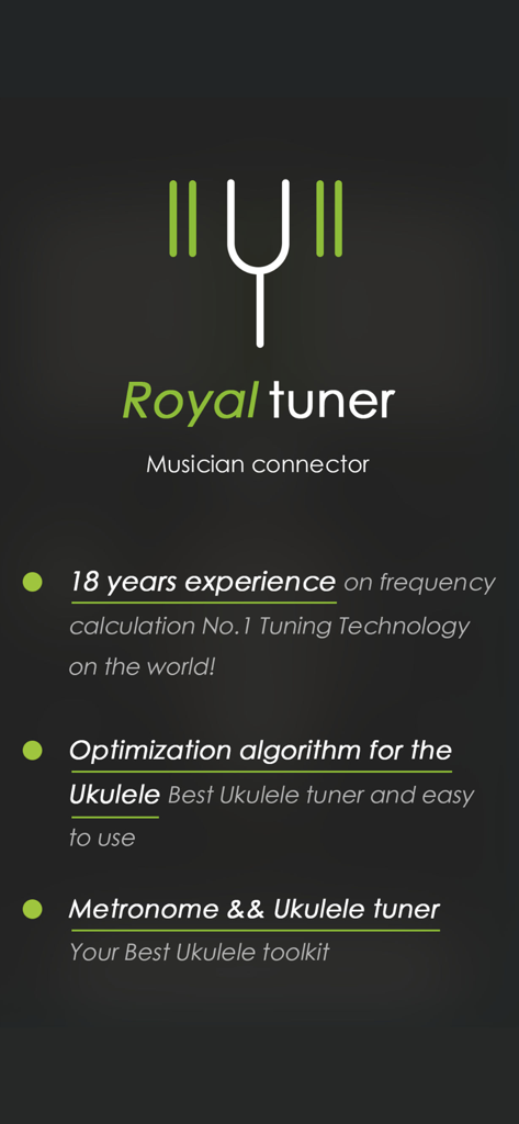 Splash screen for the Tunefor Ukulele tuner app highlighting its frequency calculation technology and metronome features.