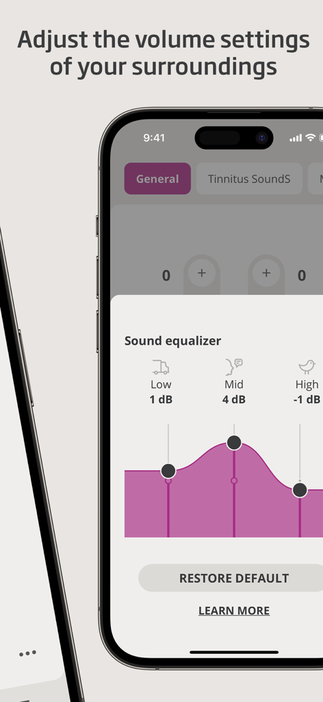 Oticon Companion app sound equalizer interface for hearing aid adjustment on an iPhone