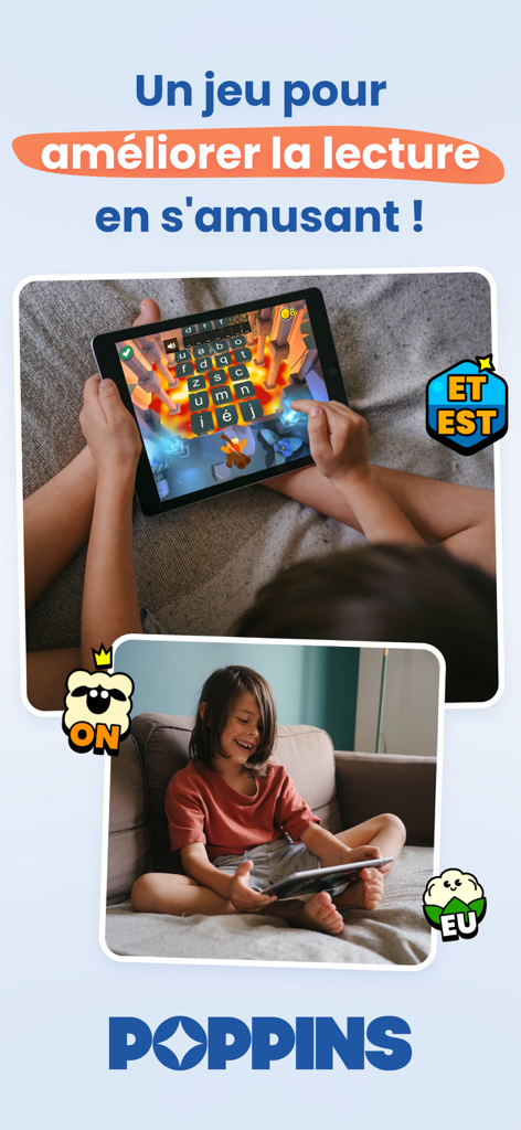 Poppins Learning - Un enfant utilisant une tablette pour jouer à un jeu éducatif de lecture sur l'application Poppins Learning