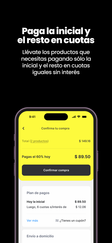 Screenshot dell'app Cashea che mostra una schermata di conferma dell'acquisto con un pagamento iniziale e un piano di rateizzazione senza interessi.