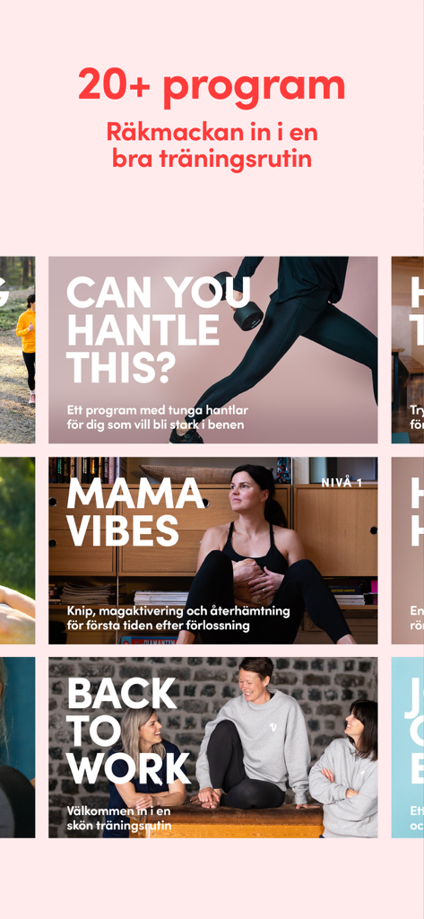 Vibes - 근력 운동 및 산후 건강을 포함한 다양한 운동 프로그램 썸네일 모음이 바이브스 앱에 표시됩니다.