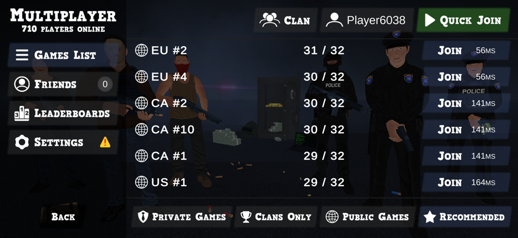 Multiplayer lobby screen of Justice Rivals 3 showing game servers and player counts
