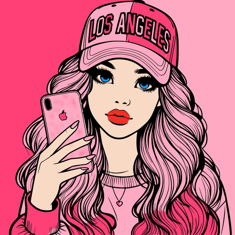 realistic beautiful girl wearing los ángeles cap holding an iphone