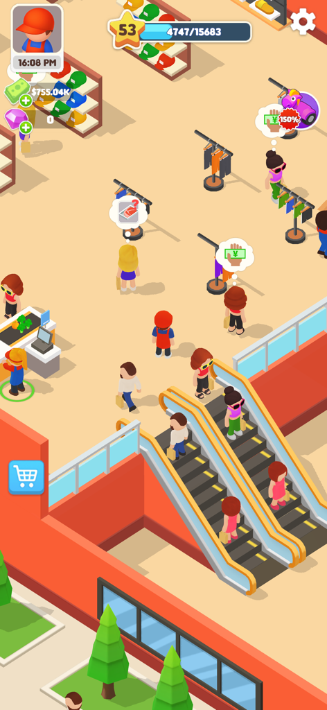 My Supermarket! - Overhead view of a busy department store with shoppers using escalators and browsing clothing racks