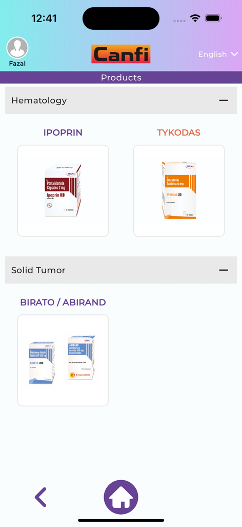 MSN Canfi - MSN Canfi app interface showing a catalog of oncology products categorized by hematology and solid tumors.