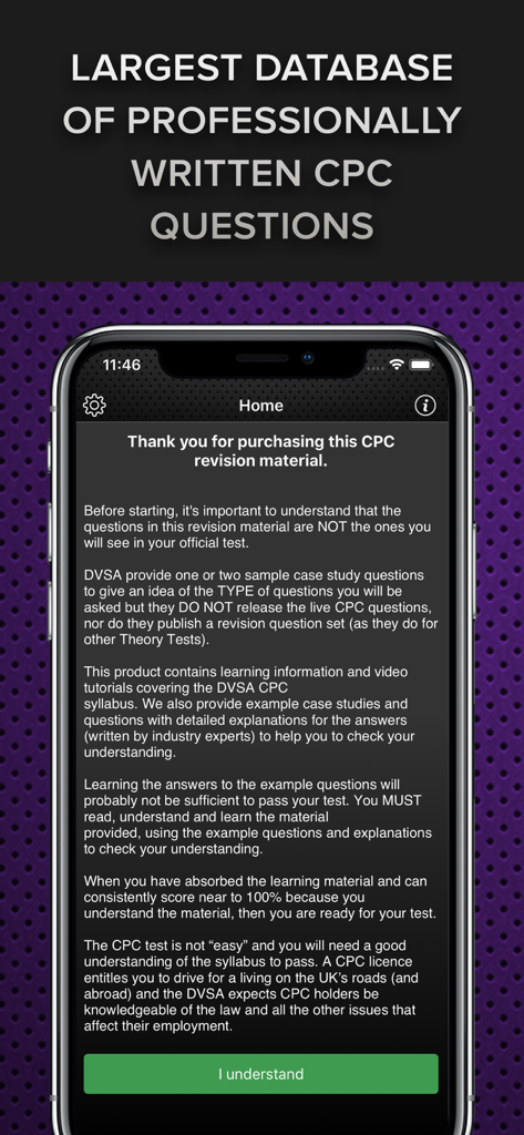 Driver CPC Case Studies Test - A mobile phone screen showing the welcome and disclaimer page of the Driver CPC Case Studies Test application