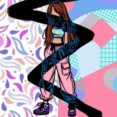 girl in baggy pants crop top and long hair