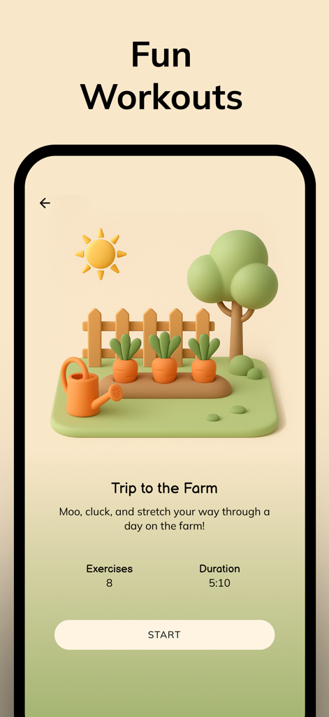 Kids Yoga, Workout & Exercise - A screen from the Kids Yoga Adventure app showing a farm themed workout session with cartoon graphics of carrots and a watering can