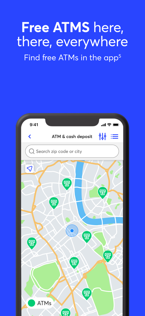 GO2bank mobile app screen displaying a map with several free ATM locations.