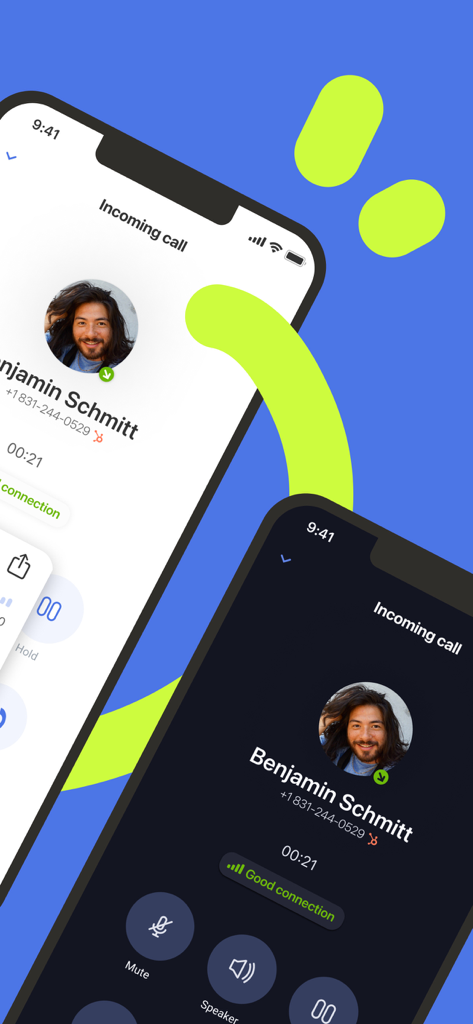 MightyCall app incoming call screen displayed on two iPhones in light and dark mode with CRM integration