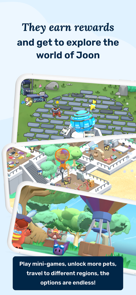 Pantallas de teléfono inteligente que muestran el colorido mundo virtual y los minijuegos de la aplicación Joon.