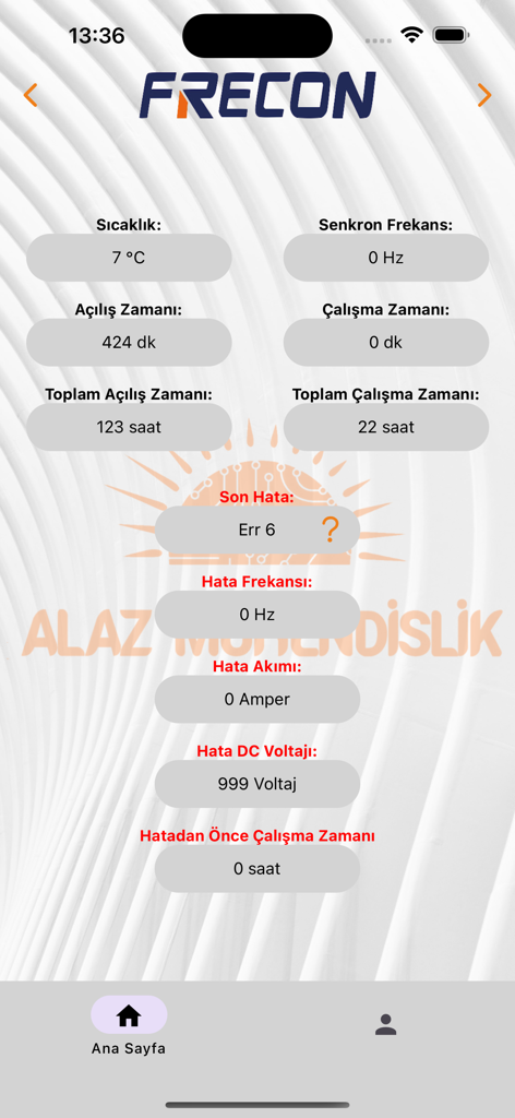 inFlow - Dashboard of the inFlow app displaying motor driver temperature, operational hours, and error diagnostics.