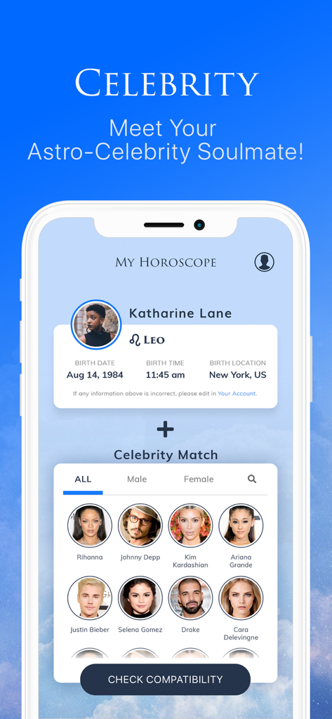 My Horoscope - Daily Astrology - My Horoscope app interface showing the Celebrity Match feature to find an astro-celebrity soulmate.