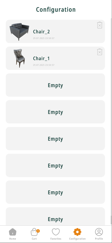 Easy AR Furniture app configuration screen showing a list of saved chair models and empty slots.